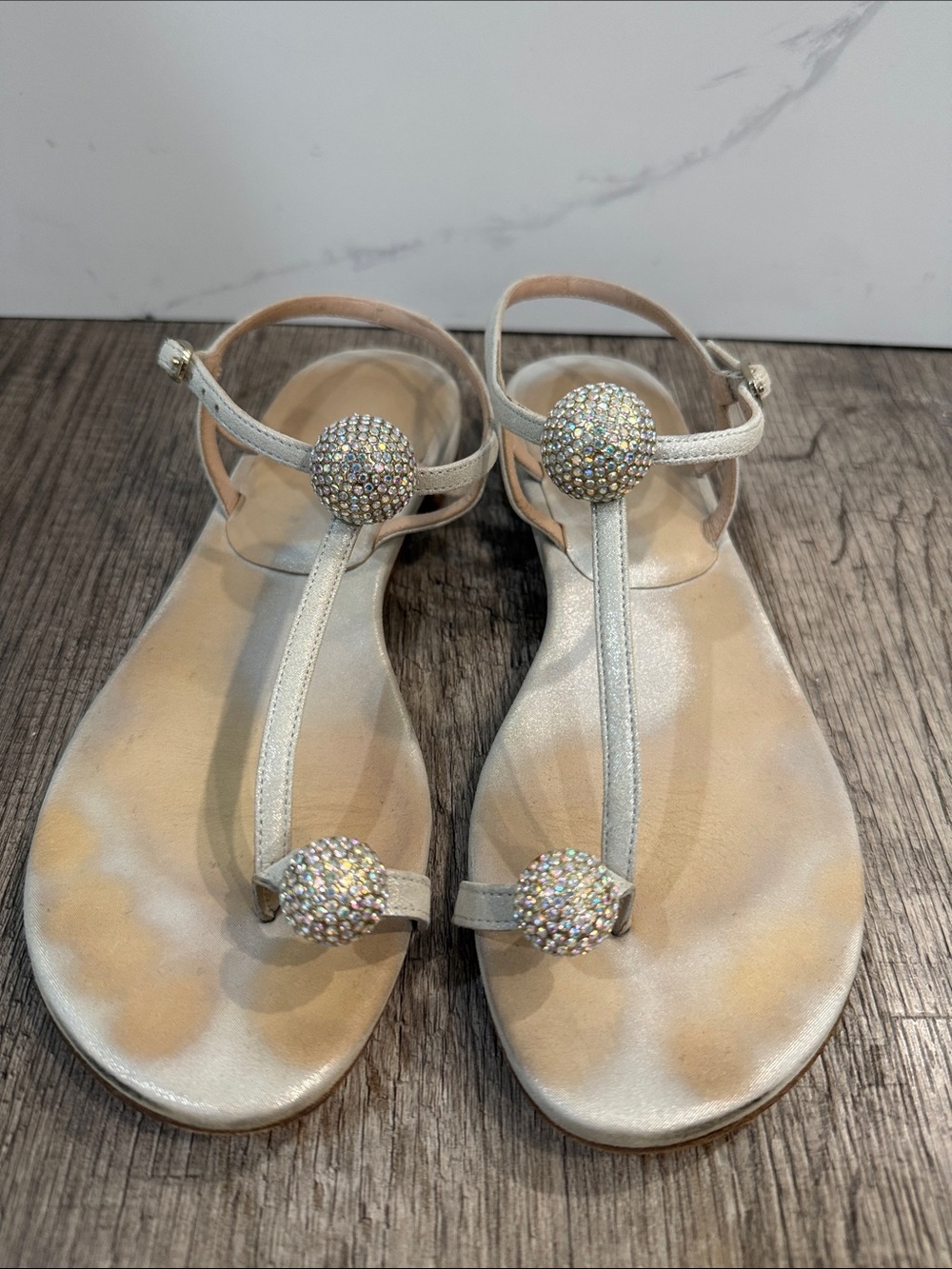 Stuart Weitzman Silver Iridescent Crystal Ball T-Strap Sandals